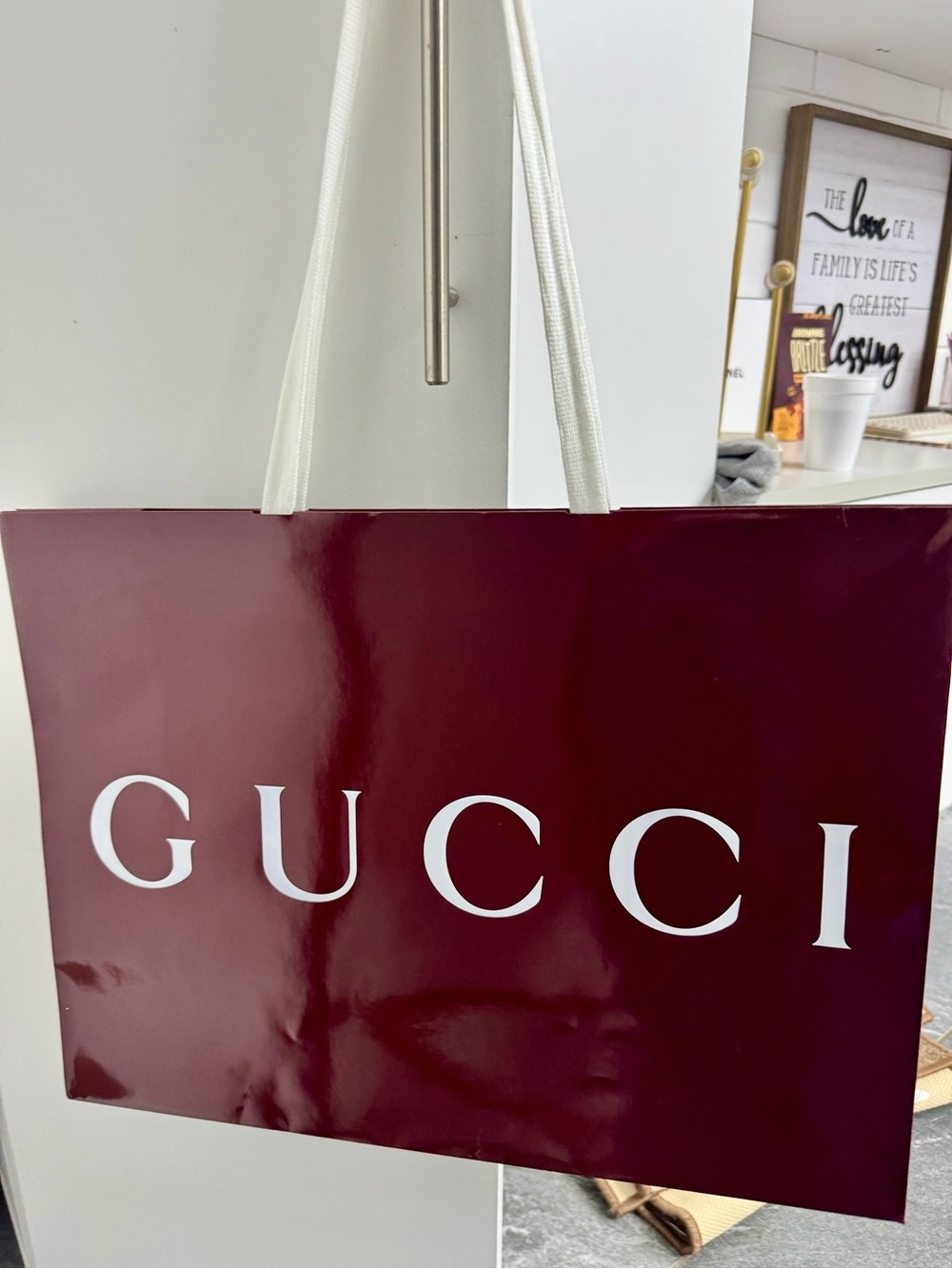 Gucci Burgundy Tote with White Logo and Handles